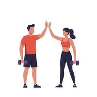Fitness enthusiasts performing a high-five with dumbbells in a flat illustration vector