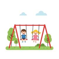 Happy children swinging in a playground with bright colors, flat design illustration vector