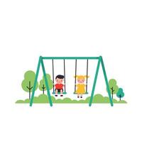 Children playing joyfully on swings in a flat and colorful illustration vector