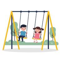 Children enjoying swings in a playground with flat design art vector