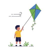Child flying a colorful kite in a minimalist flat design art vector
