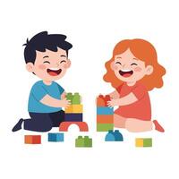Children playing with colorful building blocks in flat art vector