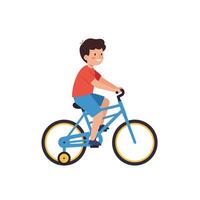 Boy riding bicycle in playful style with bright colors and simple shapes illustration vector