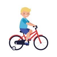 Boy riding a red bicycle in flat design art vector