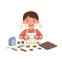 Happy child baking cookies in a fun flat style illustration vector