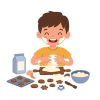 Happy child baking cookies in a playful kitchen scene flat art vector