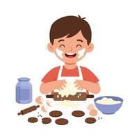 Happy child baking cookies in a flat and colorful illustration vector