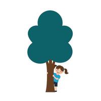 Child playing joyfully beside a large green tree in flat art vector