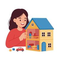 Girl playing with colorful dollhouse in minimal flat illustration vector