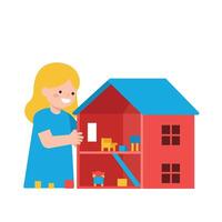 Child Playing with Colorful Dollhouse in Flat Art Style vector
