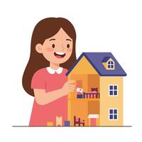 Girl interacting with dollhouse in flat art style featuring cheerful colors and playful shapes illustration vector