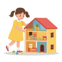 Girl playing with colorful dollhouse in flat art style vector