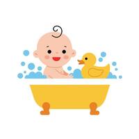 Cute baby enjoying bath time with rubber duck in flat art vector