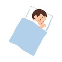 Sleeping child under blue blanket in flat minimal art vector