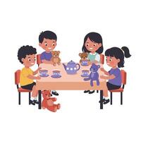 Children having a tea party with teddy bears in flat art vector