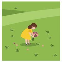 Girl in yellow dress picking flowers in a flat, colorful, cheerful illustration vector