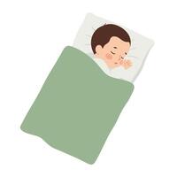Sleeping child under green blanket in flat art style illustration vector