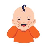 Happy baby smiling with hands on face in flat art vector