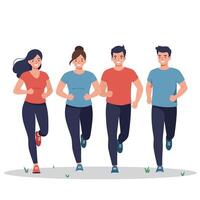 Group of four people running in a flat and colorful illustration vector