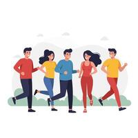 Group of people running together in vibrant colors, flat design art vector