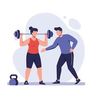 Woman lifting weights with trainer in flat and minimal style art vector