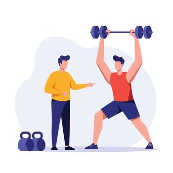 Man lifting weights while another provides guidance in flat illustration vector