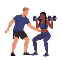 Fitness training session with guidance from trainer in flat art vector