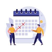 Calendar planning scene with characters discussing changes in flat art vector