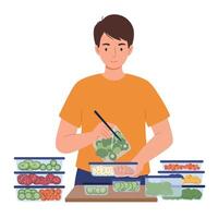 Person preparing healthy meal with fresh ingredients in flat art vector