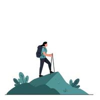 Hiker on a Mountain Peak in Minimal Flat Design Art vector