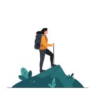 Hiker on Mountain Peak in Flat Style Art with Vibrant Colors and Natural Elements vector