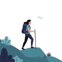 Hiker ascending a hill with backpack in minimal flat art vector