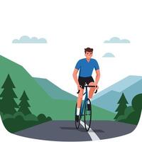 Cyclist riding along a scenic mountain road in flat art vector
