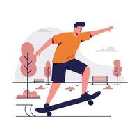 Skateboarder performing tricks in a park setting with flat and colorful design illustration vector
