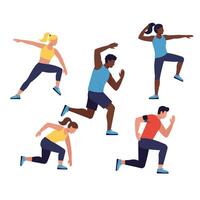 Five dynamic runners in motion showcasing flat design art vector