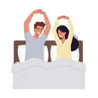 Happy couple stretching in bed with minimal design style art vector