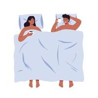 Cozy couple enjoying breakfast in bed with minimalistic art illustration vector