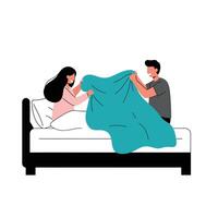 Couple engaging in playful moment while adjusting blanket in flat art vector