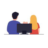 Two people observing a computer screen in a flat illustration vector
