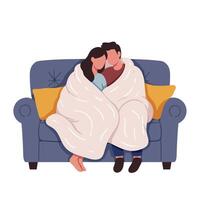 Cozy couple snuggling under a blanket on a couch in flat art vector