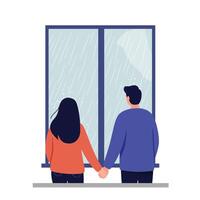 Couple holding hands while watching rain from window in minimal flat art vector