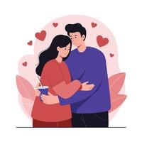 Couple embracing with hearts around them in flat art style vector