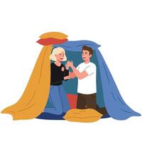 Cozy indoor fort creation with playful interaction in flat art vector