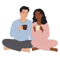 Cozy couple enjoying drinks in casual attire, minimal style art vector
