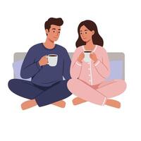 Cozy couple enjoying warm drinks together in flat design art vector