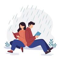 Couple reading books together in rain with flat design art vector