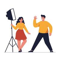 Two people posing in a studio with lighting, flat design art vector