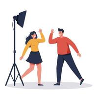 Happy couple waving in studio setting with flat design style art vector