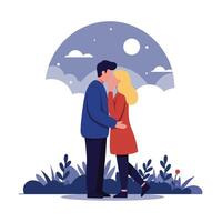 Couple Sharing a Romantic Kiss Under Umbrella in Flat Art vector