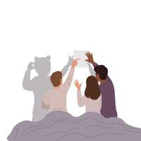 Three friends reaching out for a paper in a minimal illustration vector